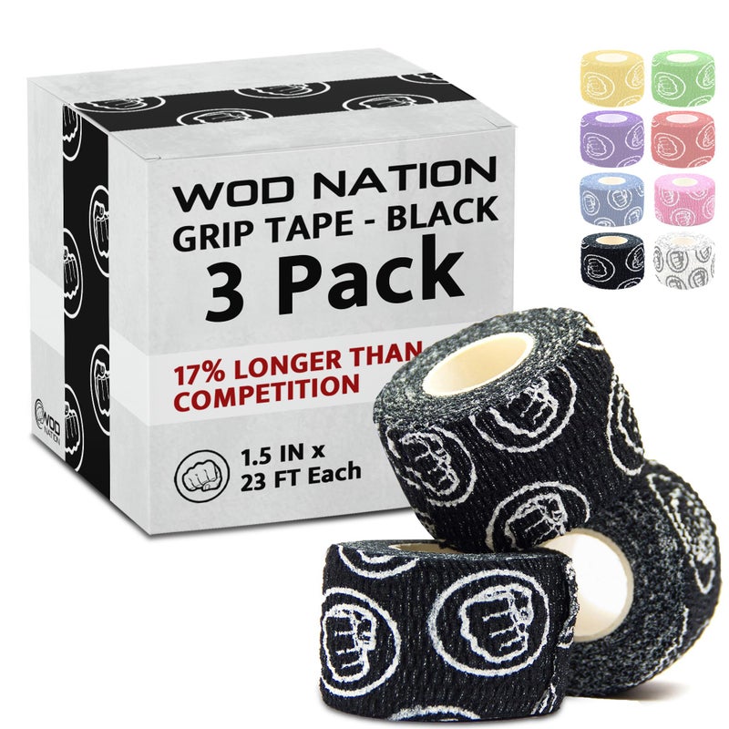 شريط لاصق رياضي من WOD Nation لرفع الأثقال مع قبضة خطاف، شريط مرن للأصابع والإبهام، سهل التمزق، مقاوم للعرق، شرائط متينة لرفع الأثقال، عبوة 3 قطع، 23 قدم، أسود